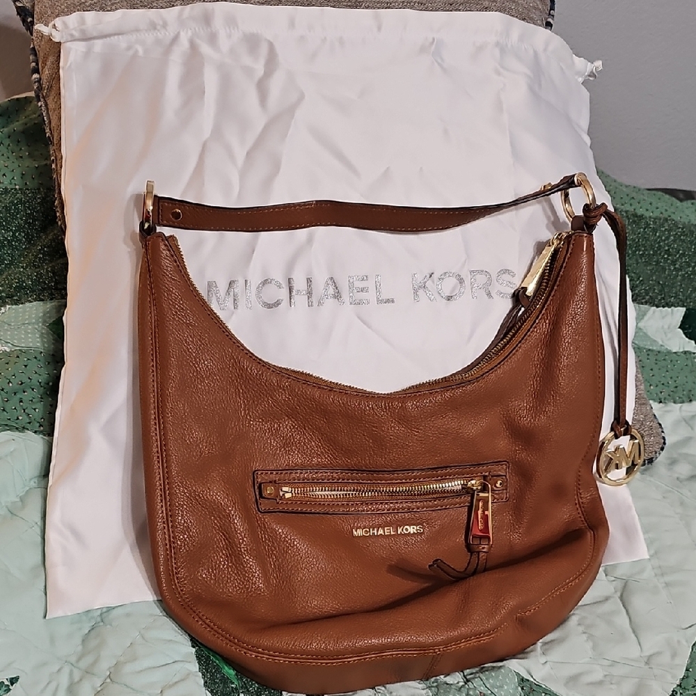 Michael Kors cognac leather shoulder hobo with gold hardware